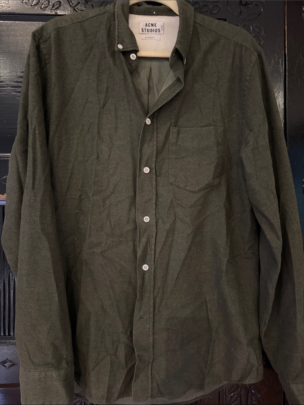 Acne olive green button-down shirt